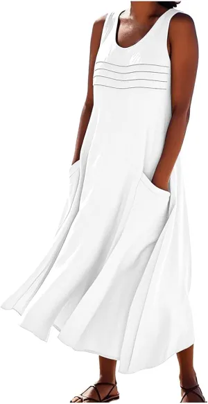Cotton Linen Tank Dresses for Women Casual Summer Sleeveless Pleated Front Scoop Neck Flowy Midi Sundress with Pockets