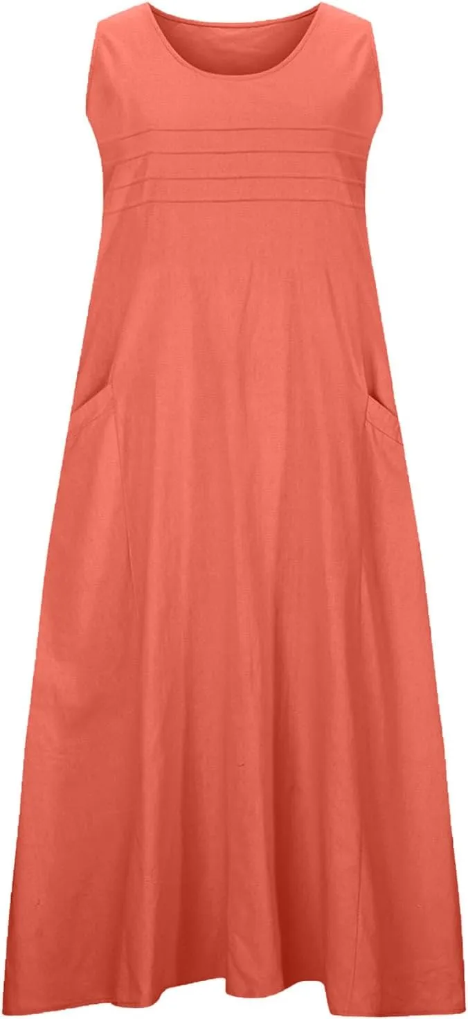 Cotton Linen Tank Dresses for Women Casual Summer Sleeveless Pleated Front Scoop Neck Flowy Midi Sundress with Pockets