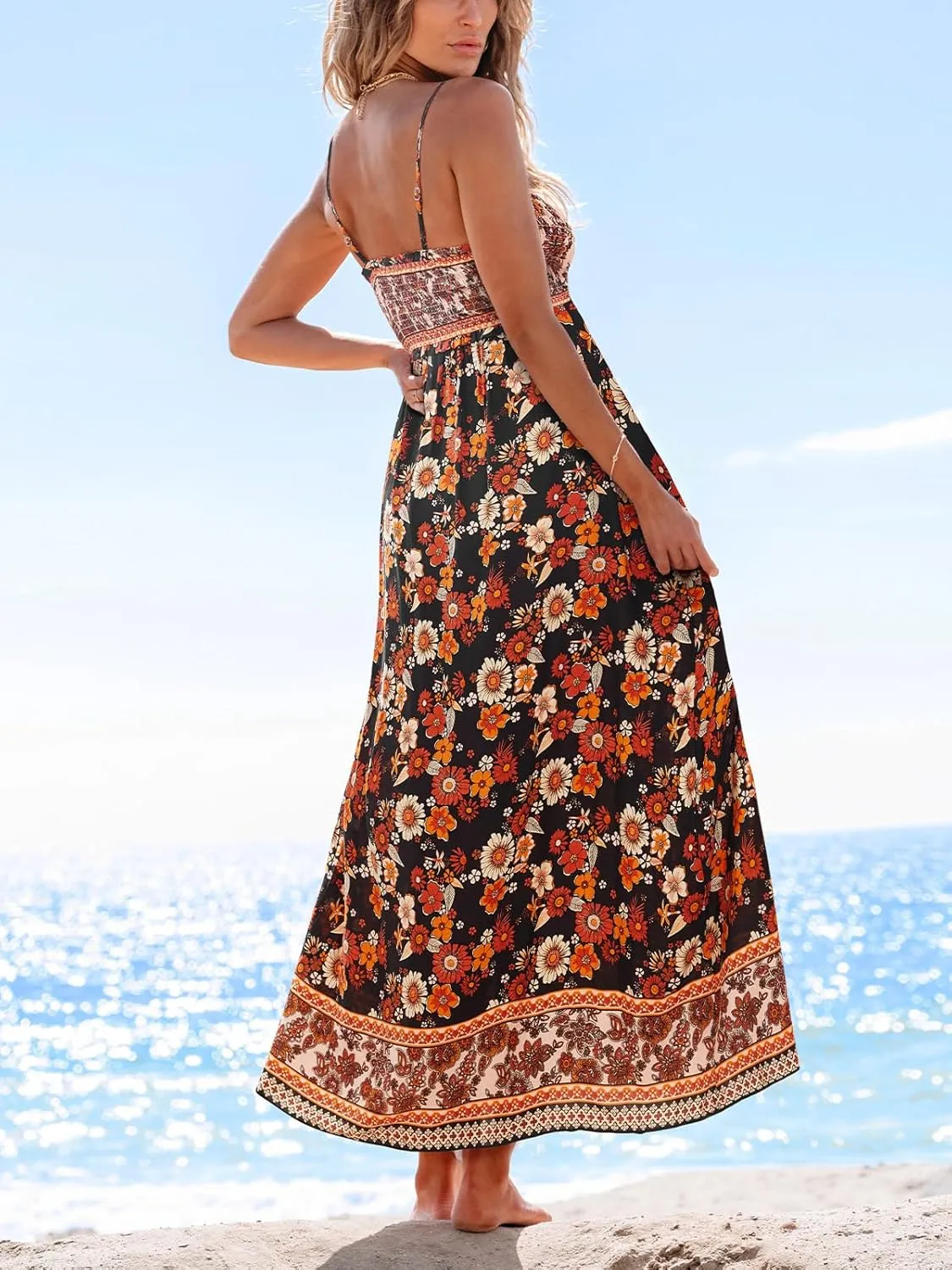 CUPSHE Women's Maxi Dress Ditsy Floral Smocked Summer Sundress Sleeveless Ruffled Spaghetti Straps Long Beach Formal Dress
