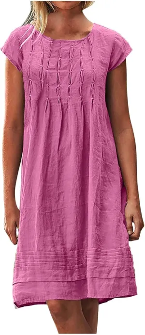 DDAPJ pyju Linen Midi Dresses for Women Plus Size Cap Sleeve Pleated Crewneck Shirt Dress Summer Casual Beach Vacation Outfit