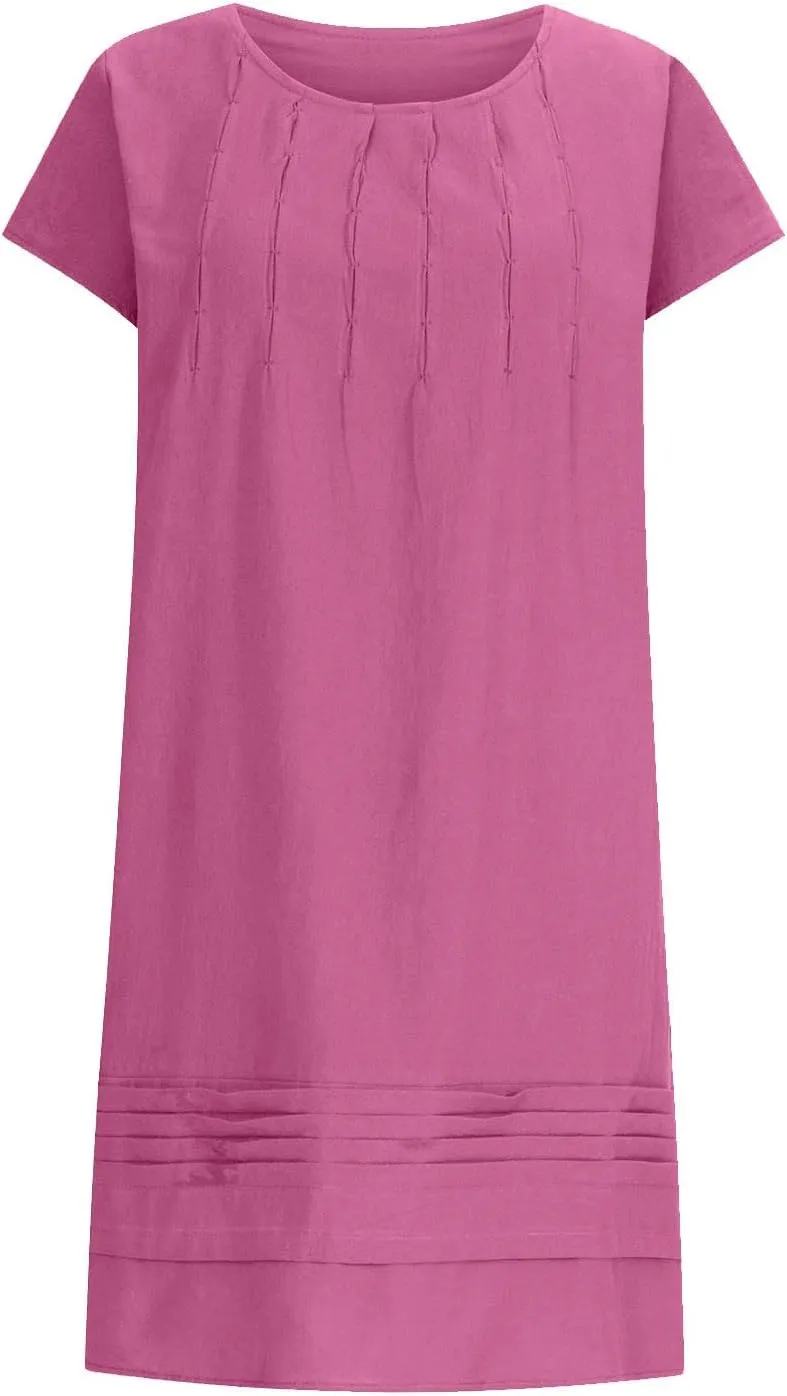 DDAPJ pyju Linen Midi Dresses for Women Plus Size Cap Sleeve Pleated Crewneck Shirt Dress Summer Casual Beach Vacation Outfit