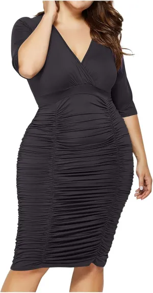 DDAPJ pyju Women's Plus Size Bodycon Dress Sexy Wrap V Neck Half Sleeve Ruched Cocktail Midi Dresses Casual Party Work Dress