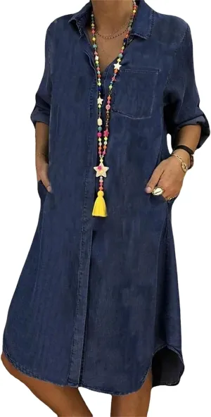 Denim Dress for Women Plus Size Casual Loose Long Sleeve Classic Vintage Button Down Jean Shirt Dresses Midi Dress