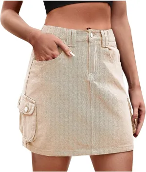 Denim Jean Skirt for Women Causal Elastic Waist Mini Cargo Skirts Summer Low Waist Y2k Cute Denim Skirt with Pockets