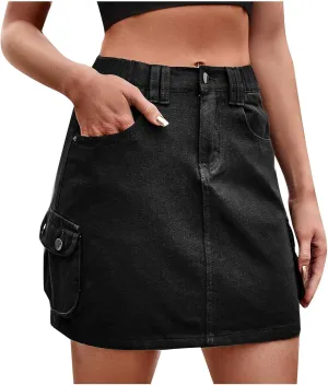 Denim Jean Skirt for Women Causal Elastic Waist Mini Cargo Skirts Summer Low Waist Y2k Cute Denim Skirt with Pockets