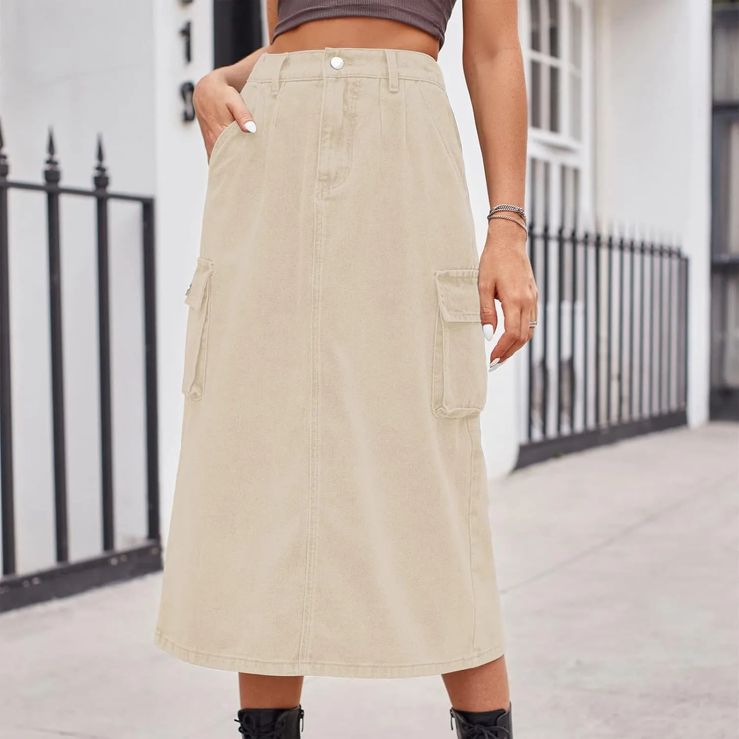 Denim Skirt for Women Solid Cowgirl Midi Cargo Y2k Casual Jean Skirt with Pockets Summer Mid-Length Skirt Office Work