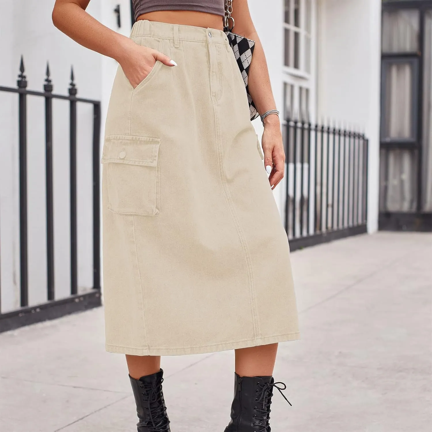 Denim Skirt for Women Solid Cowgirl Midi Cargo Y2k Casual Jean Skirt with Pockets Summer Mid-Length Skirt Office Work