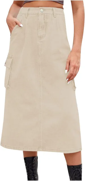 Denim Skirt for Women Solid Cowgirl Midi Cargo Y2k Casual Jean Skirt with Pockets Summer Mid-Length Skirt Office Work