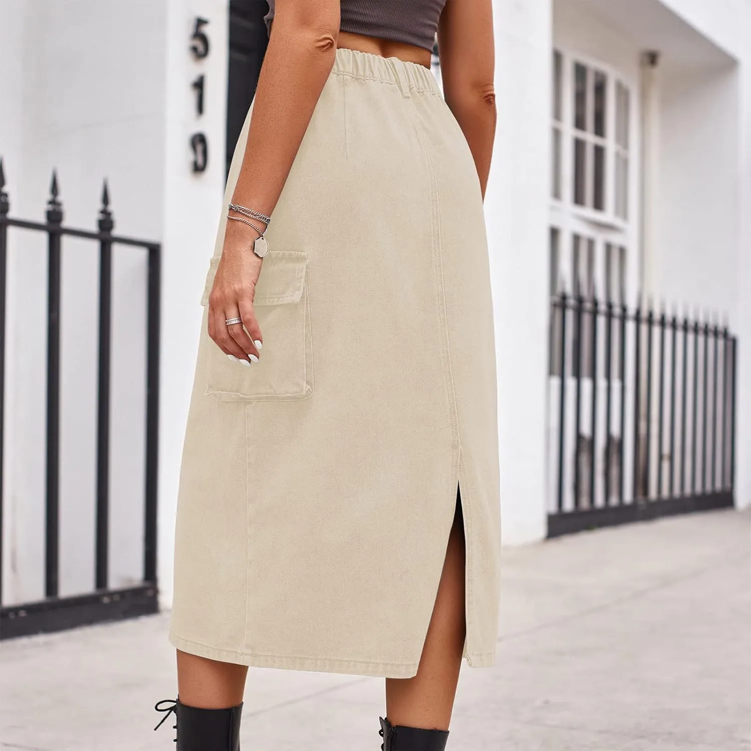Denim Skirt for Women Solid Cowgirl Midi Cargo Y2k Casual Jean Skirt with Pockets Summer Mid-Length Skirt Office Work
