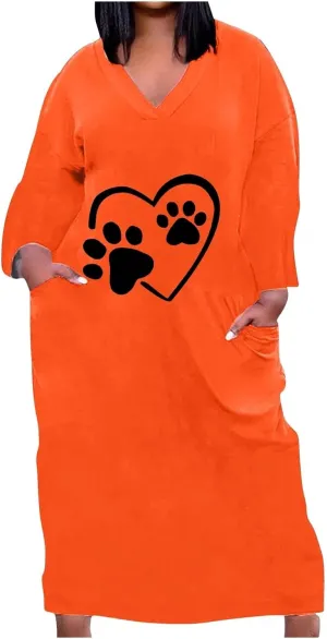 Dog Lover Fall Tshirt Dress for Women Cute Dog Paw Heart Printed Long Sleeve V Neck Plus Size Maxi Dresses with Pockets