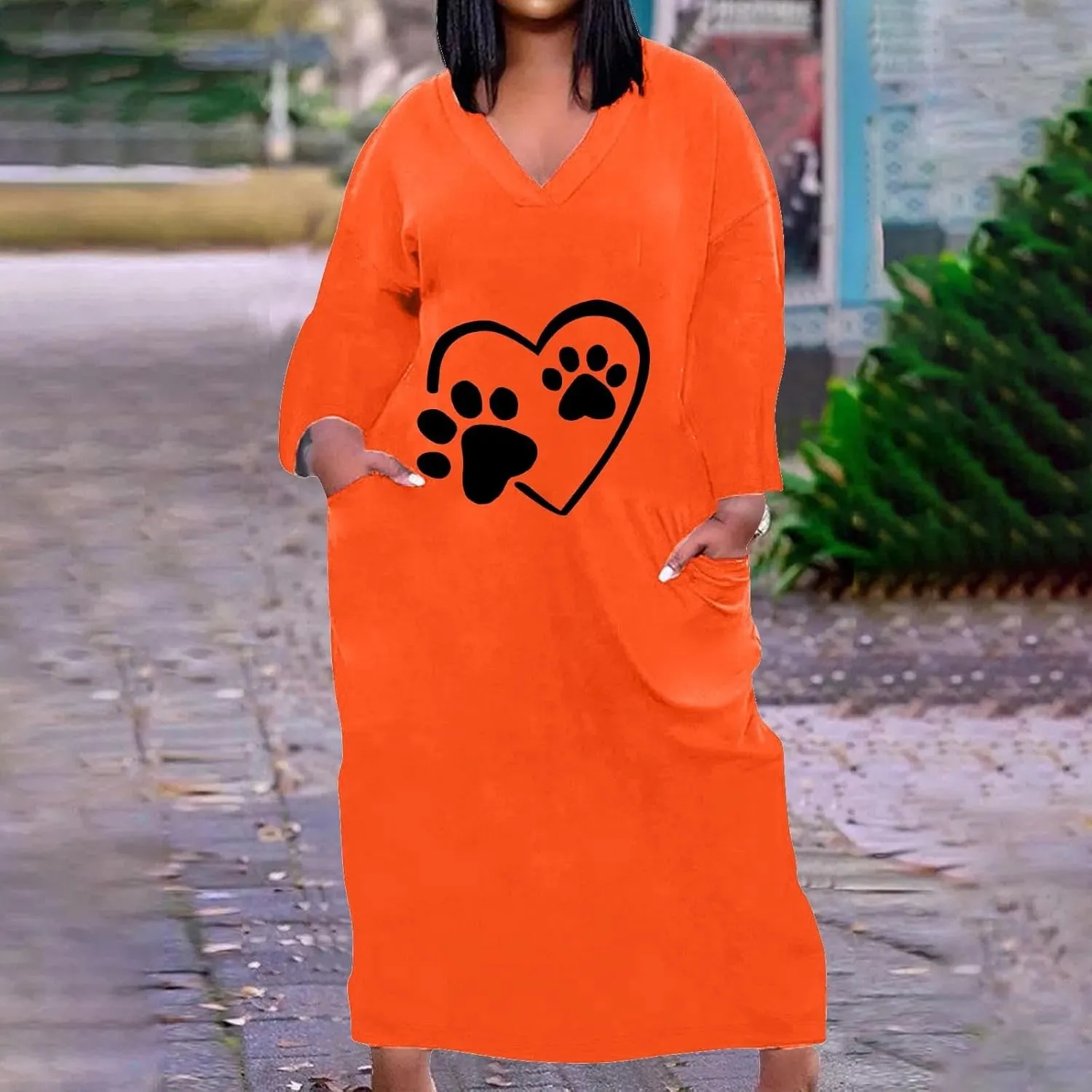 Dog Lover Fall Tshirt Dress for Women Cute Dog Paw Heart Printed Long Sleeve V Neck Plus Size Maxi Dresses with Pockets