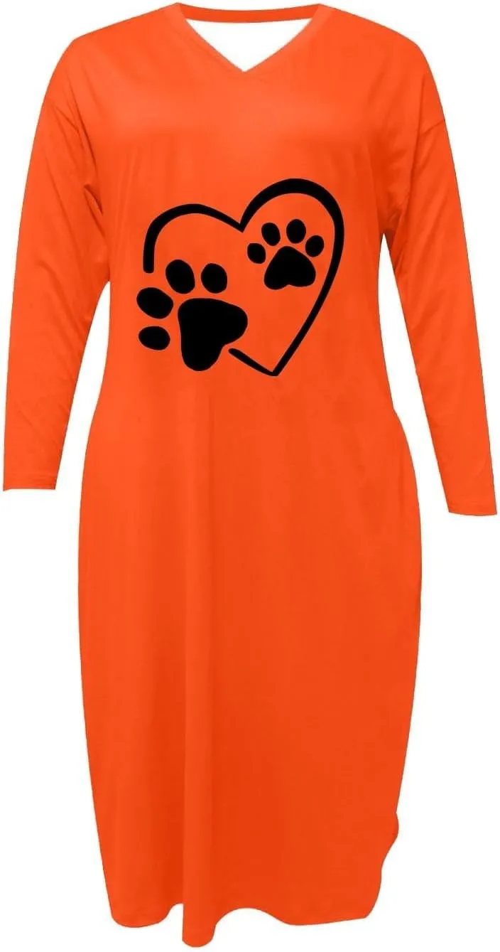Dog Lover Fall Tshirt Dress for Women Cute Dog Paw Heart Printed Long Sleeve V Neck Plus Size Maxi Dresses with Pockets