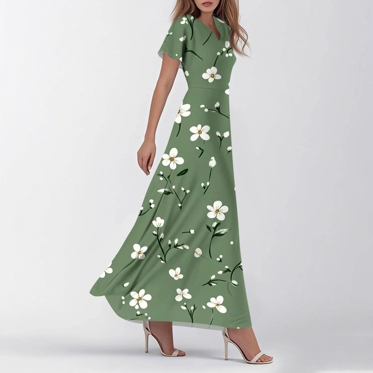 DOPOCQ Dresses for Women Trendy Floral Print Hem Chiffon Cocktail Dress Summer Ruffle Short Sleeve V Neck Flowy Sundress