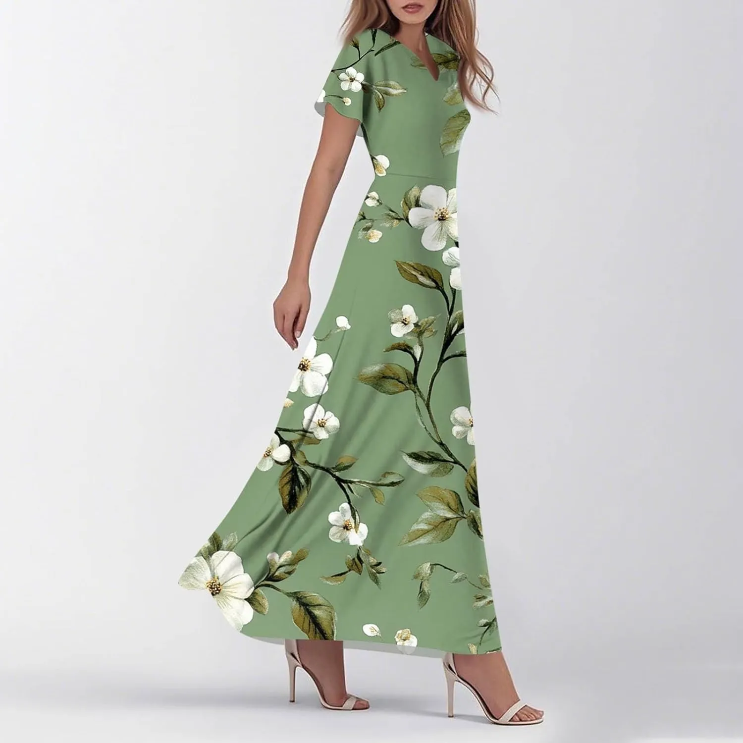 DOPOCQ Dresses for Women Trendy Floral Print Hem Chiffon Cocktail Dress Summer Ruffle Short Sleeve V Neck Flowy Sundress