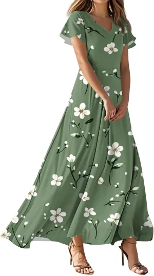 DOPOCQ Dresses for Women Trendy Floral Print Hem Chiffon Cocktail Dress Summer Ruffle Short Sleeve V Neck Flowy Sundress