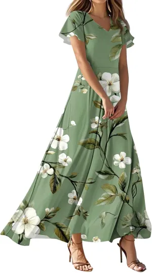 DOPOCQ Dresses for Women Trendy Floral Print Hem Chiffon Cocktail Dress Summer Ruffle Short Sleeve V Neck Flowy Sundress