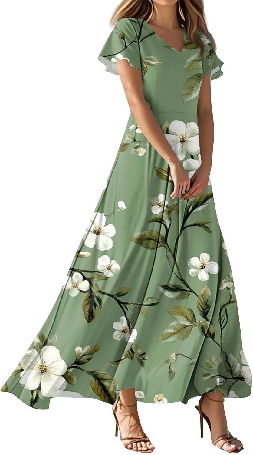 DOPOCQ Dresses for Women Trendy Floral Print Hem Chiffon Cocktail Dress Summer Ruffle Short Sleeve V Neck Flowy Sundress