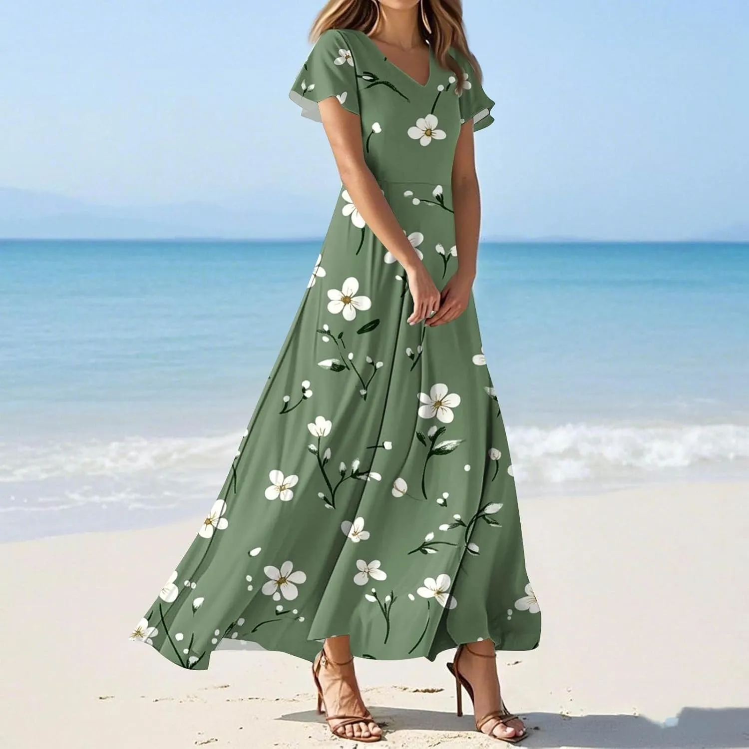 DOPOCQ Dresses for Women Trendy Floral Print Hem Chiffon Cocktail Dress Summer Ruffle Short Sleeve V Neck Flowy Sundress