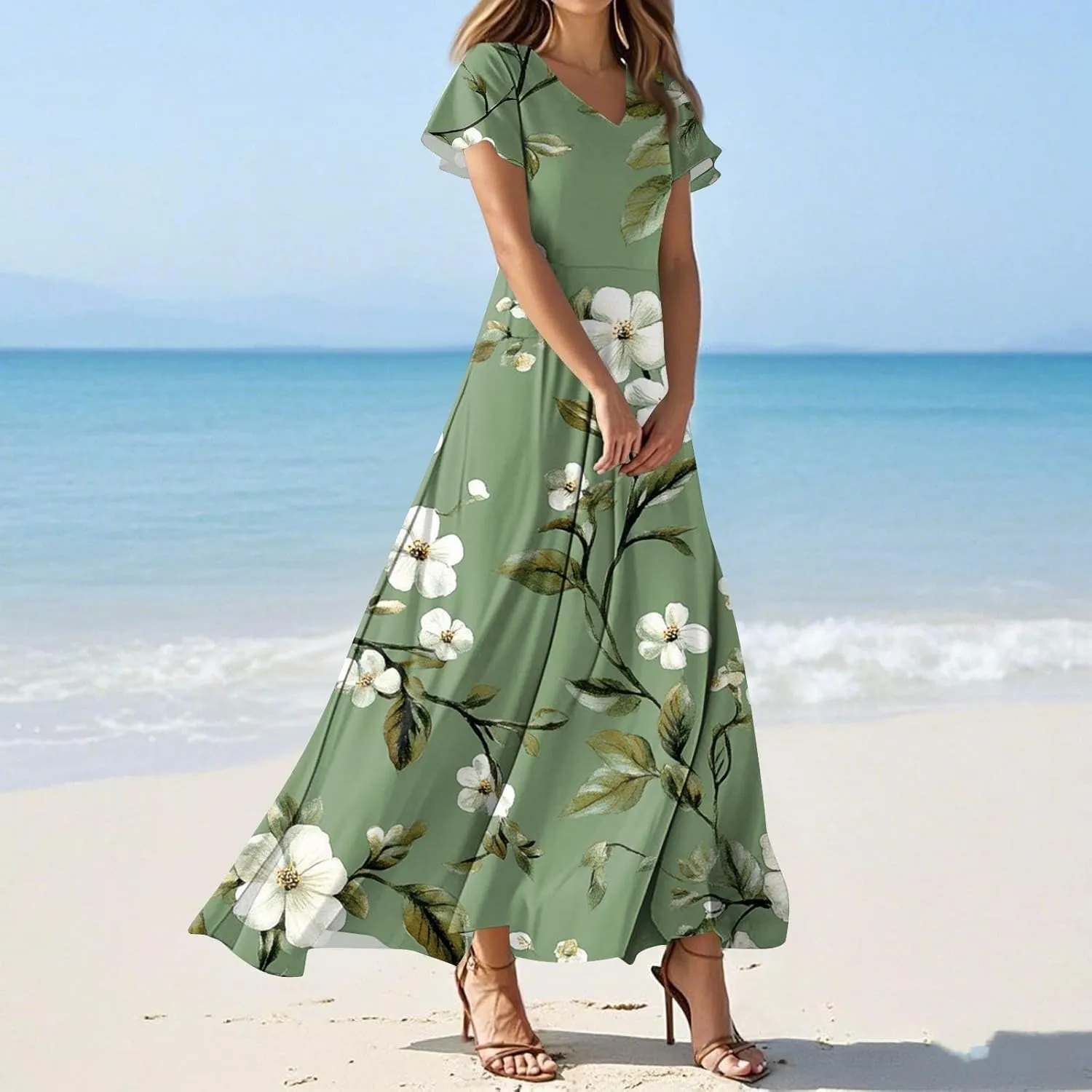 DOPOCQ Dresses for Women Trendy Floral Print Hem Chiffon Cocktail Dress Summer Ruffle Short Sleeve V Neck Flowy Sundress