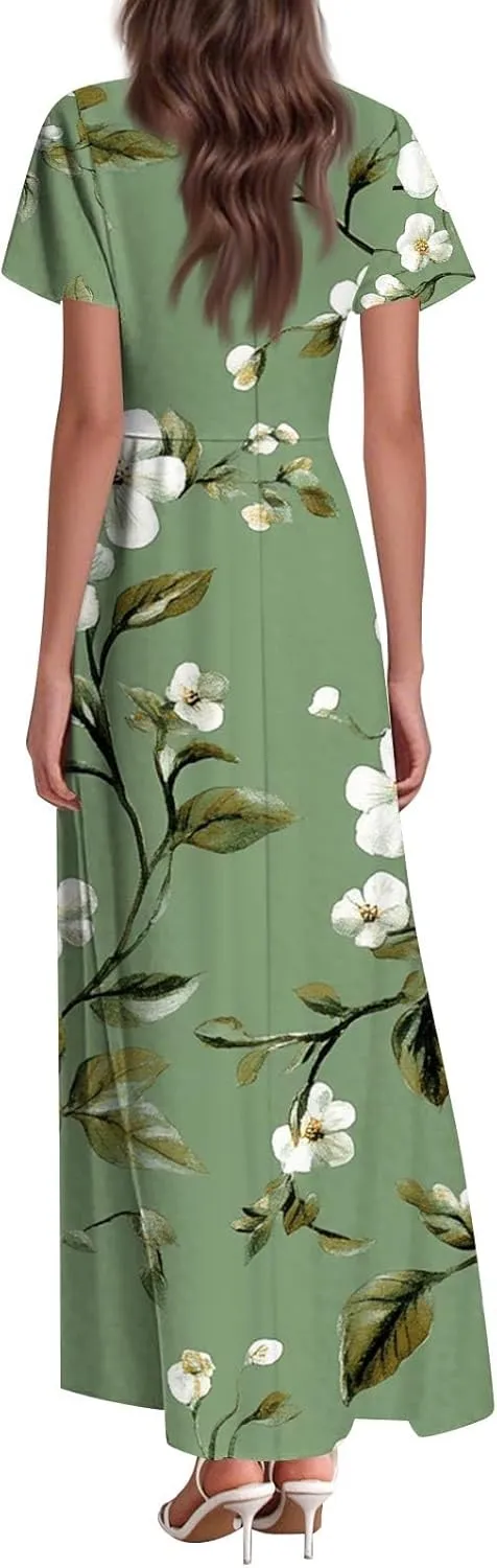 DOPOCQ Dresses for Women Trendy Floral Print Hem Chiffon Cocktail Dress Summer Ruffle Short Sleeve V Neck Flowy Sundress