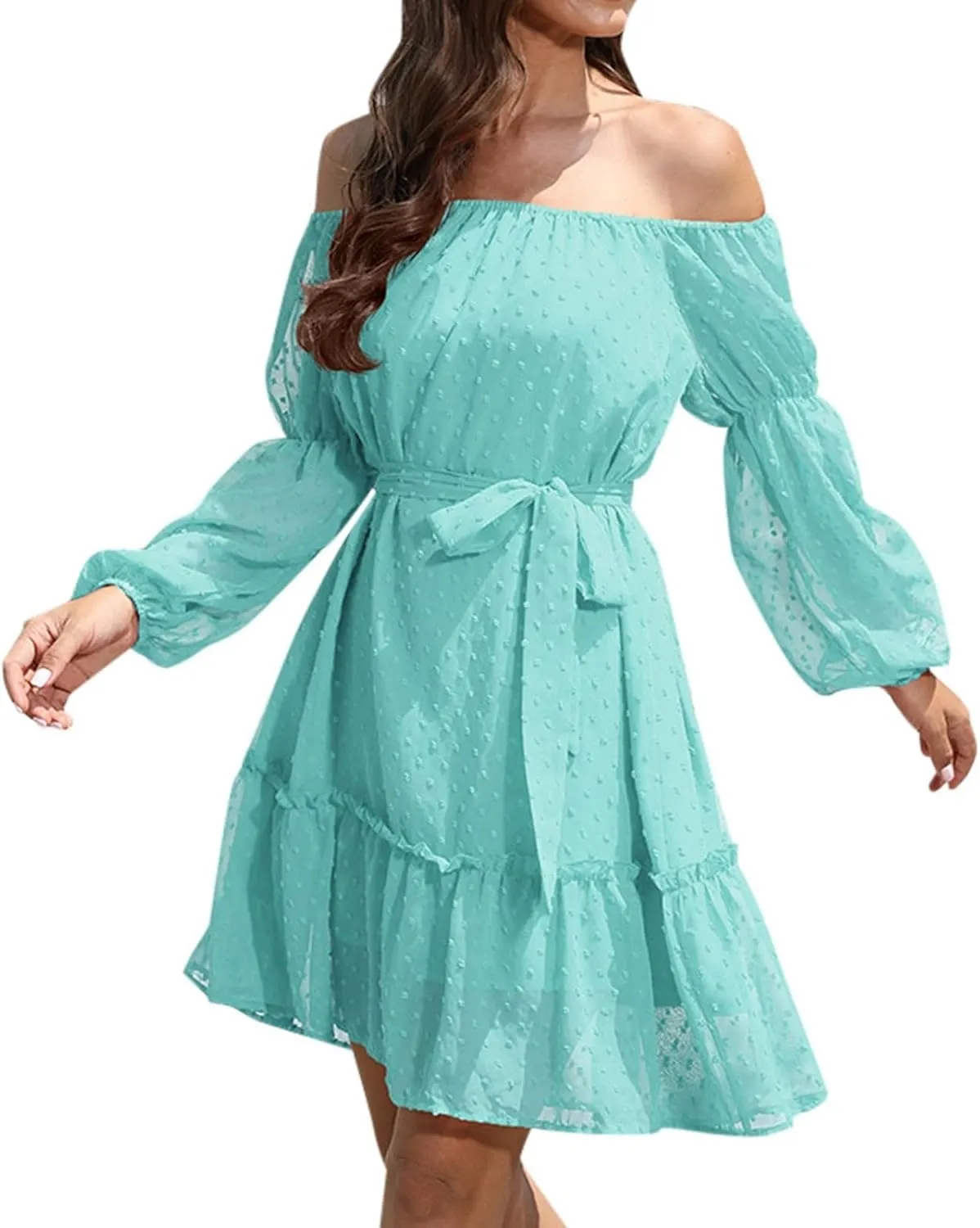 Dress for Women Off Shoulder Summer Flowy Dresses Long Lantern Sleeve Ruffle Elastic Waist A Line Casual Mini Dress