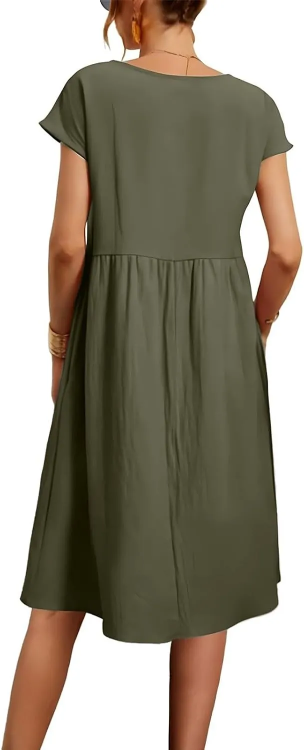 Dresses for Women 2024 Casual Summer Trendy Plus Size Short Sleeves Cute Midi Dress Boho Beach Sundress with Pockets