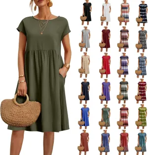 Dresses for Women 2024 Casual Summer Trendy Plus Size Short Sleeves Cute Midi Dress Boho Beach Sundress with Pockets