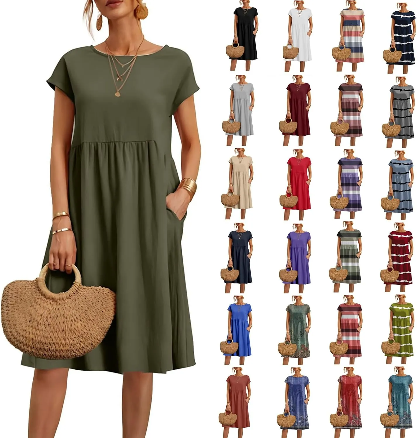 Dresses for Women 2024 Casual Summer Trendy Plus Size Short Sleeves Cute Midi Dress Boho Beach Sundress with Pockets