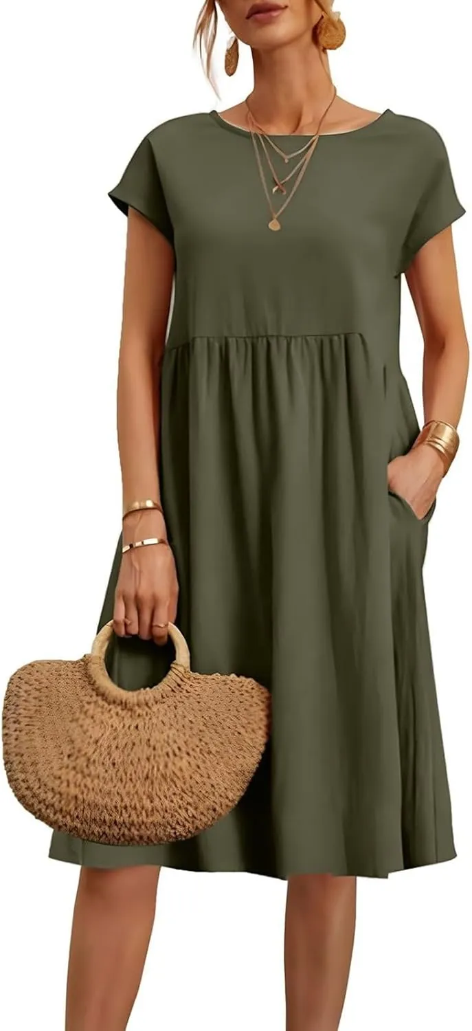 Dresses for Women 2024 Casual Summer Trendy Plus Size Short Sleeves Cute Midi Dress Boho Beach Sundress with Pockets