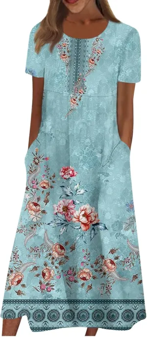 Dresses for Women 2024 Pocket Printed Dresses Pleated Round Neck Long Dresses Short Sleeve Elegant Maxi Dress