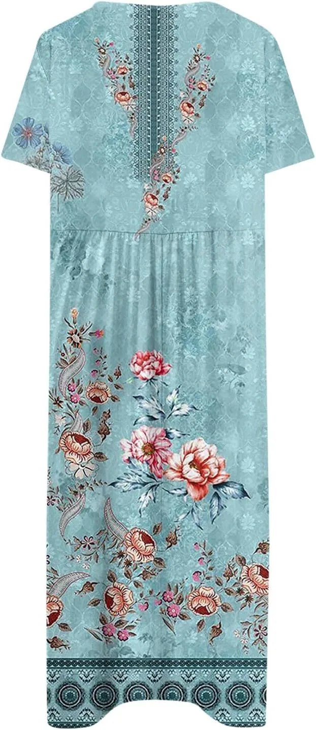Dresses for Women 2024 Pocket Printed Dresses Pleated Round Neck Long Dresses Short Sleeve Elegant Maxi Dress