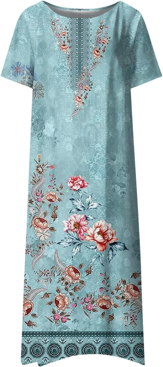 Dresses for Women 2024 Pocket Printed Dresses Pleated Round Neck Long Dresses Short Sleeve Elegant Maxi Dress