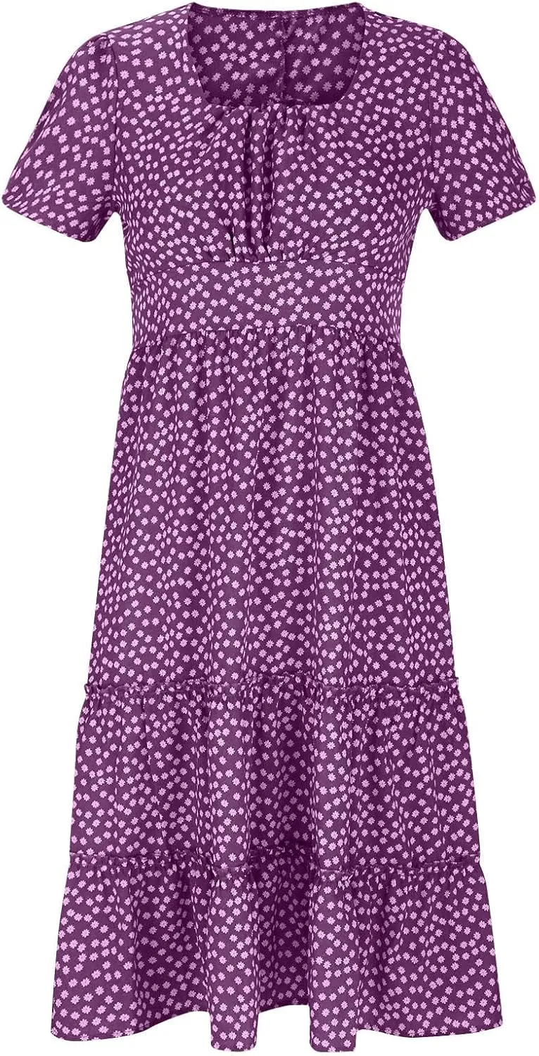 Dresses for Women 2024 Polka Dots Print Boho Dresses Casual Summer Midi Dress A Line Tiered Ruffle Flowy Dress