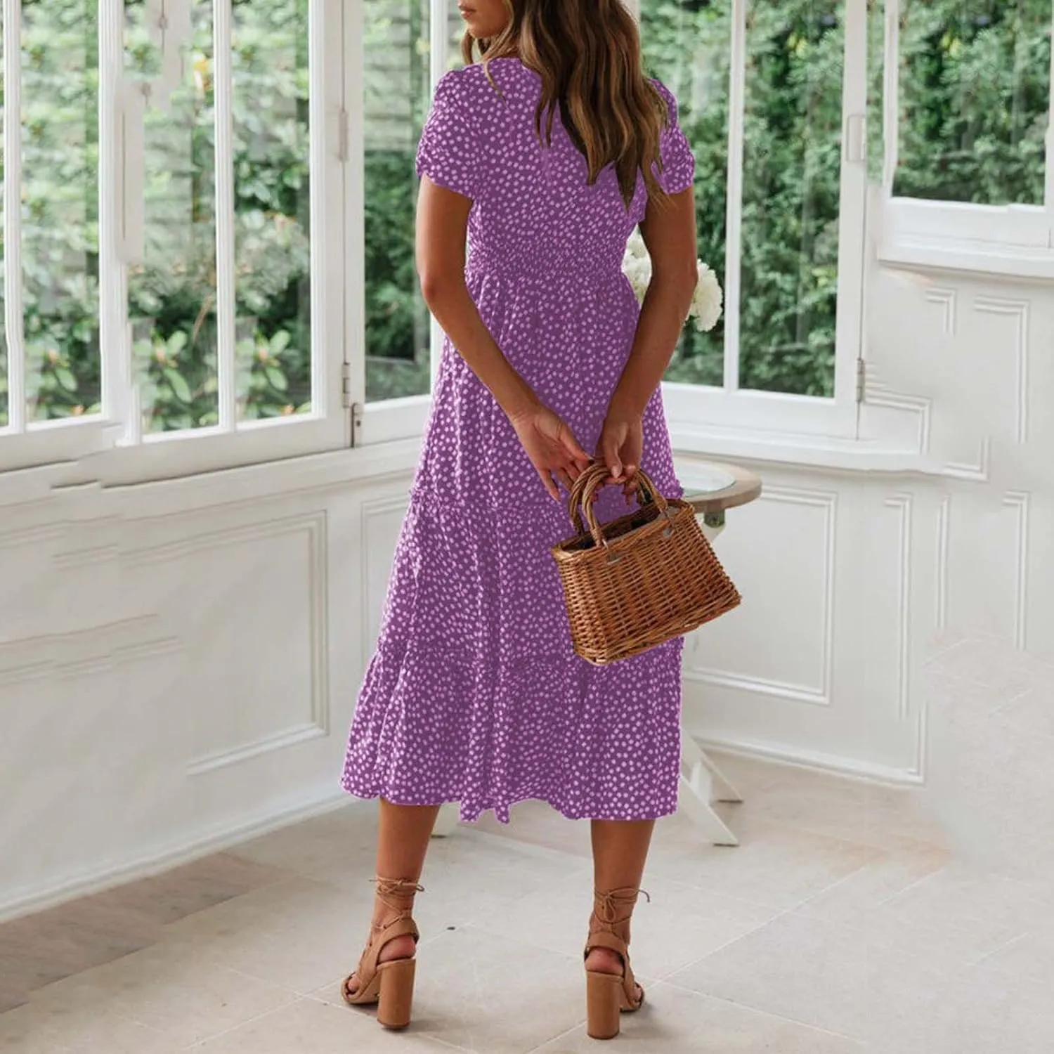 Dresses for Women 2024 Polka Dots Print Boho Dresses Casual Summer Midi Dress A Line Tiered Ruffle Flowy Dress