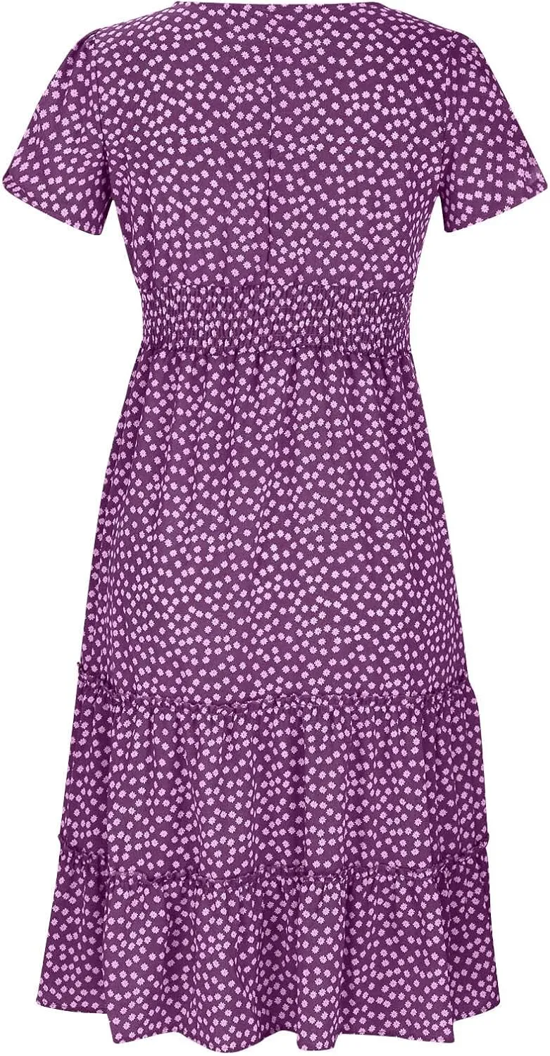 Dresses for Women 2024 Polka Dots Print Boho Dresses Casual Summer Midi Dress A Line Tiered Ruffle Flowy Dress