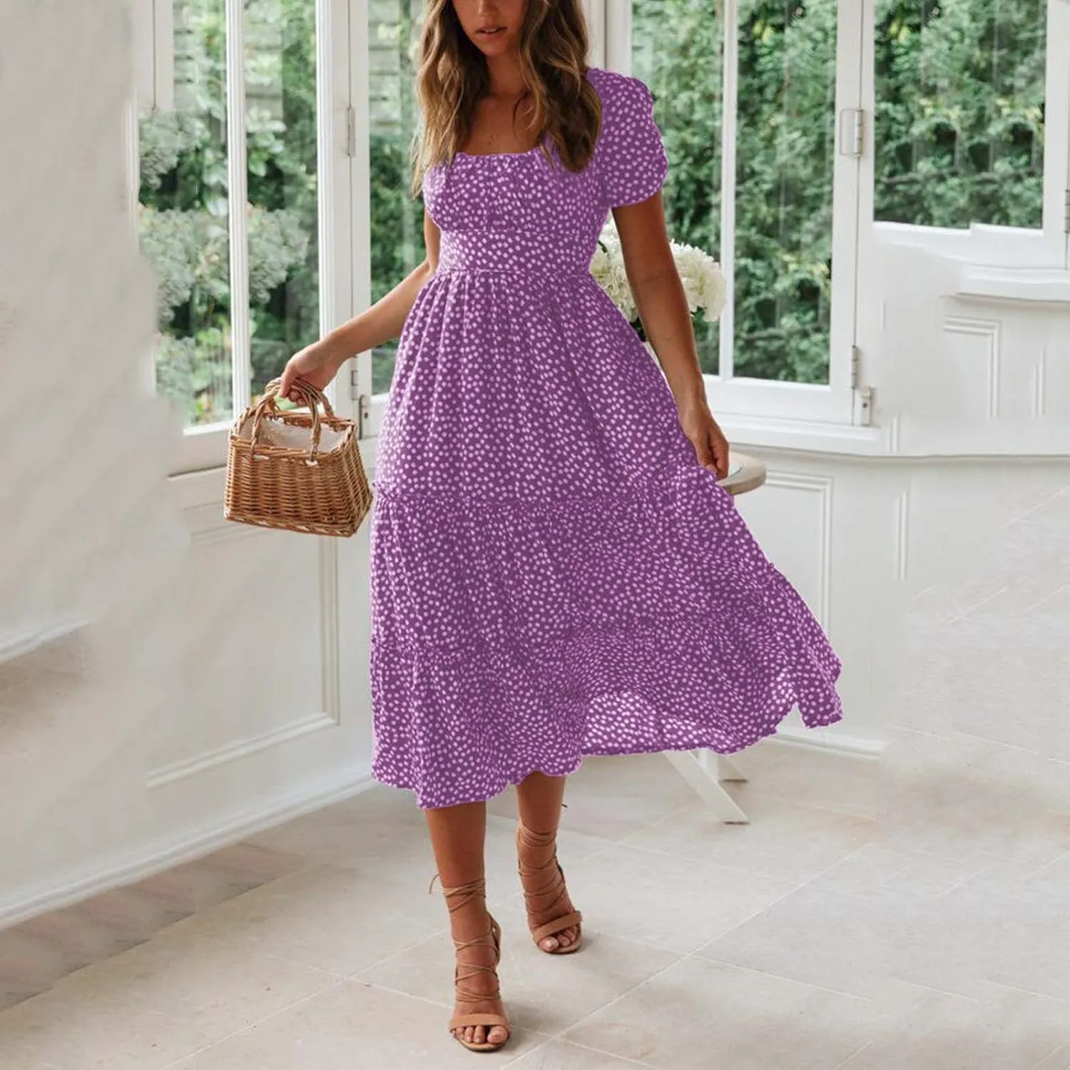 Dresses for Women 2024 Polka Dots Print Boho Dresses Casual Summer Midi Dress A Line Tiered Ruffle Flowy Dress