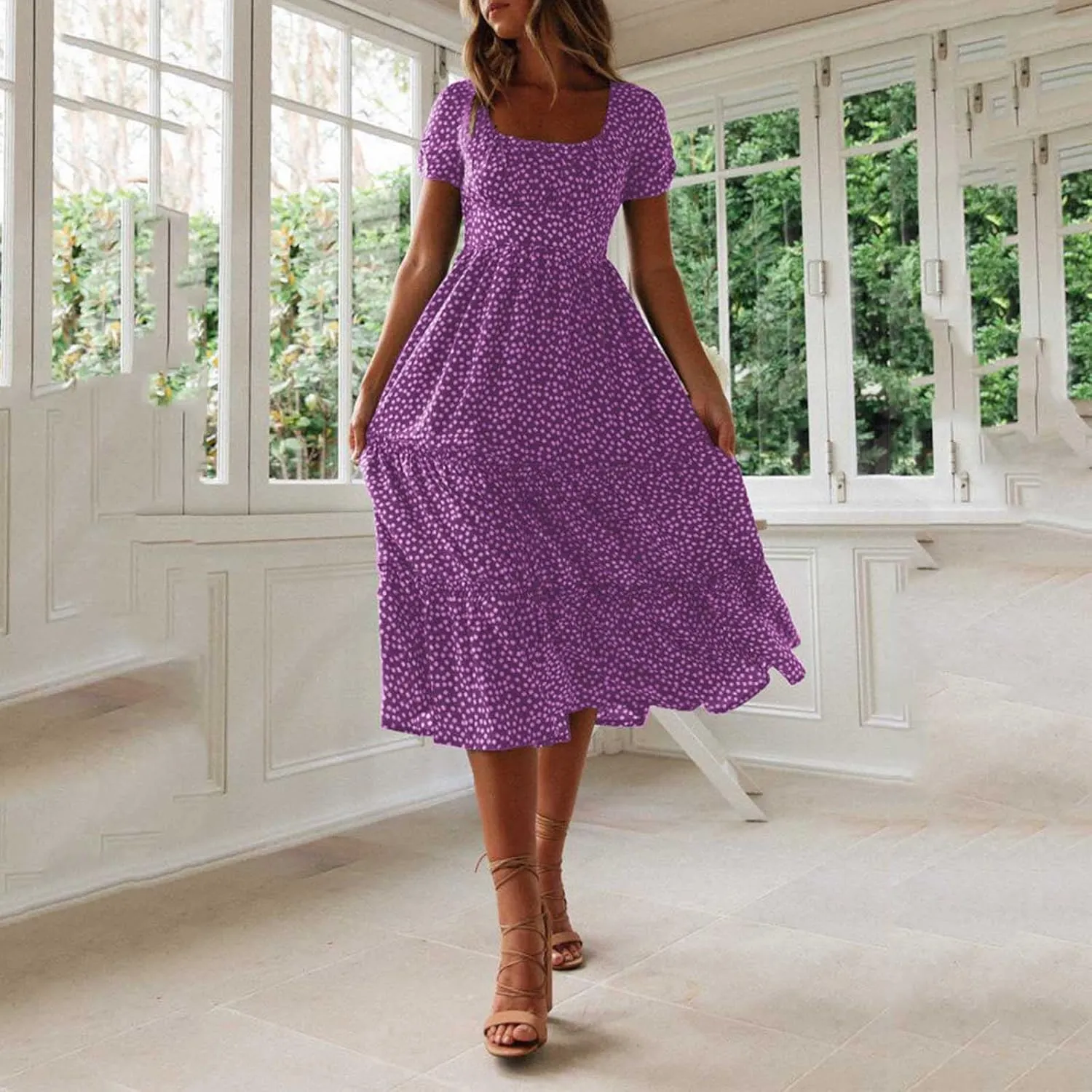 Dresses for Women 2024 Polka Dots Print Boho Dresses Casual Summer Midi Dress A Line Tiered Ruffle Flowy Dress