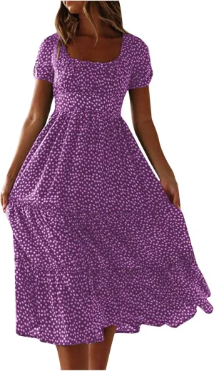 Dresses for Women 2024 Polka Dots Print Boho Dresses Casual Summer Midi Dress A Line Tiered Ruffle Flowy Dress
