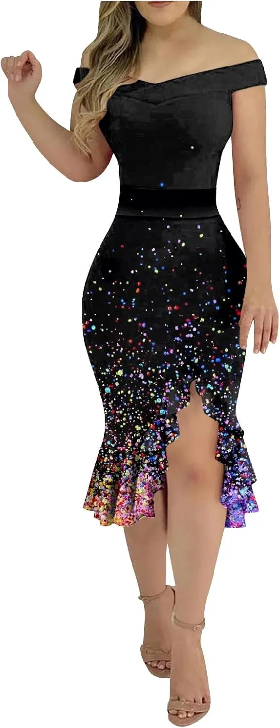 Dresses for Women 2024,Fashion Sexy Summer Off Shoulder Short Sleeve Sequin Ruffle Irregular Dresses for Women