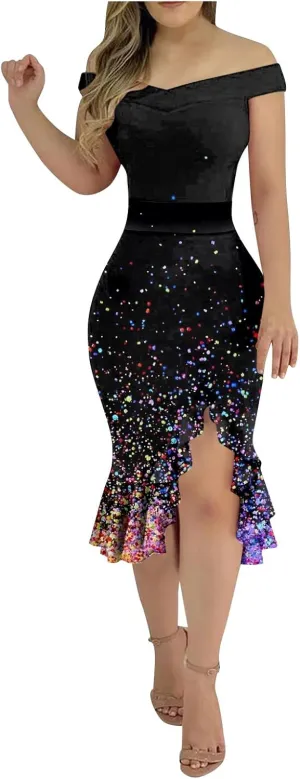Dresses for Women 2024,Fashion Sexy Summer Off Shoulder Short Sleeve Sequin Ruffle Irregular Dresses for Women
