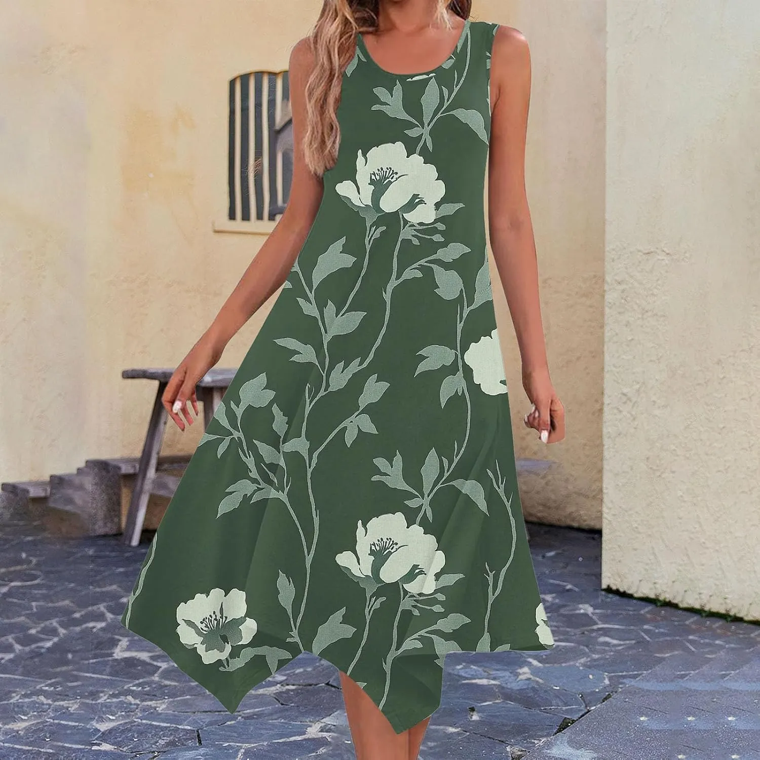 Dresses for Women 2025 Casual Summer Printed Sleeveless Crew Neck Flowy Sundersses Patchwork Beach Vacation Sundress