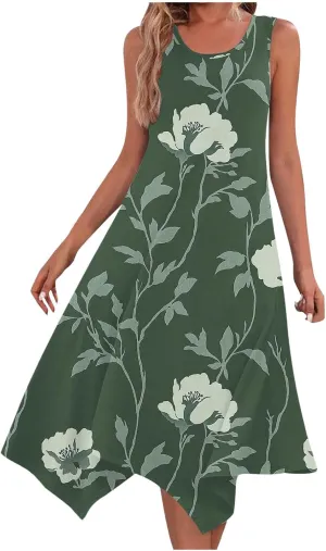 Dresses for Women 2025 Casual Summer Printed Sleeveless Crew Neck Flowy Sundersses Patchwork Beach Vacation Sundress