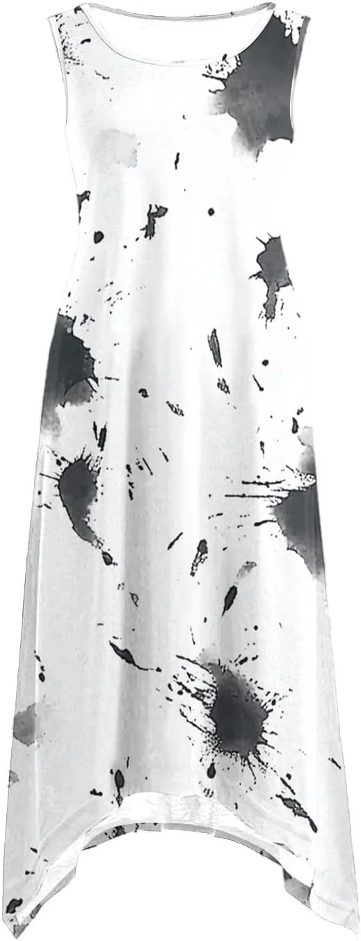 Dresses for Women 2025 Casual Summer Printed Sleeveless Crew Neck Flowy Sundersses Patchwork Beach Vacation Sundress