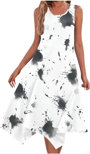 Dresses for Women 2025 Casual Summer Printed Sleeveless Crew Neck Flowy Sundersses Patchwork Beach Vacation Sundress