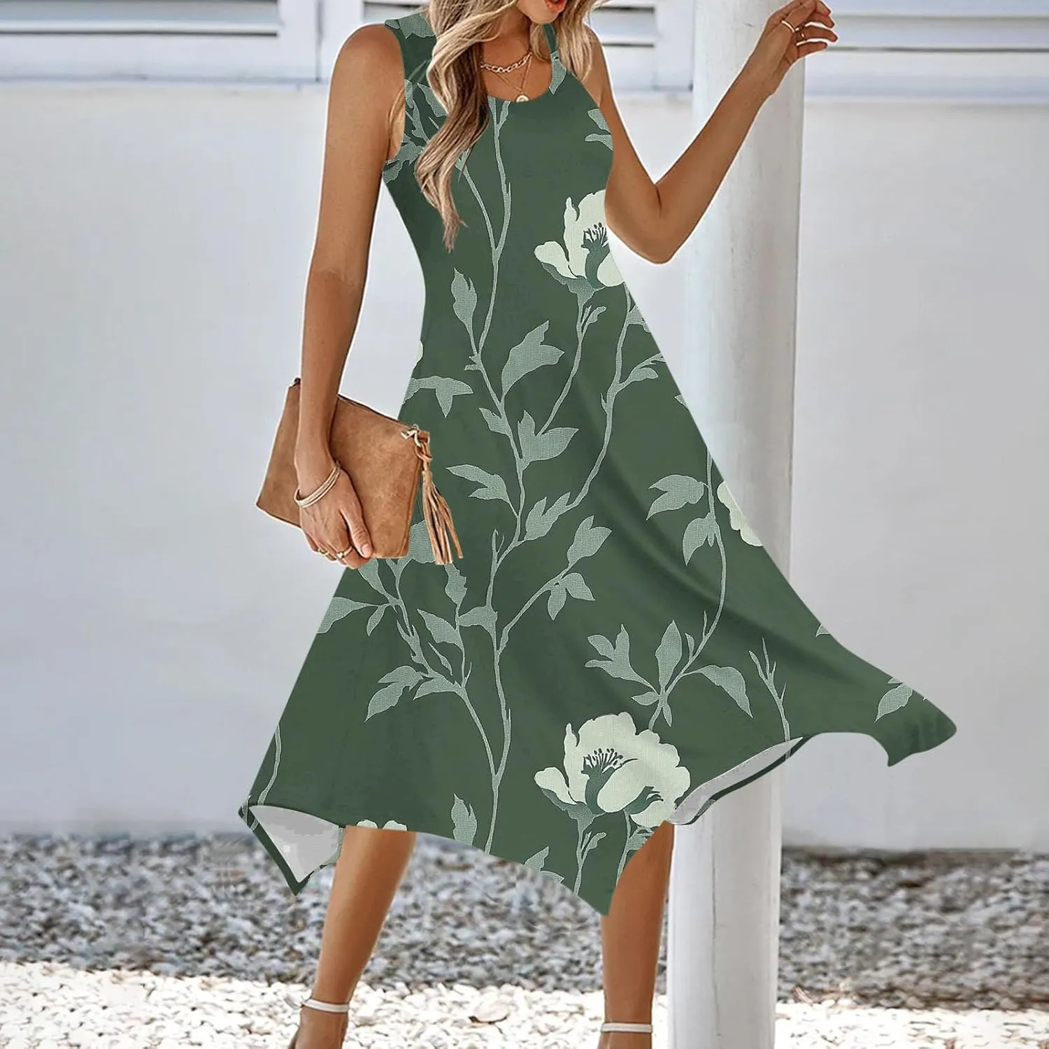 Dresses for Women 2025 Casual Summer Printed Sleeveless Crew Neck Flowy Sundersses Patchwork Beach Vacation Sundress