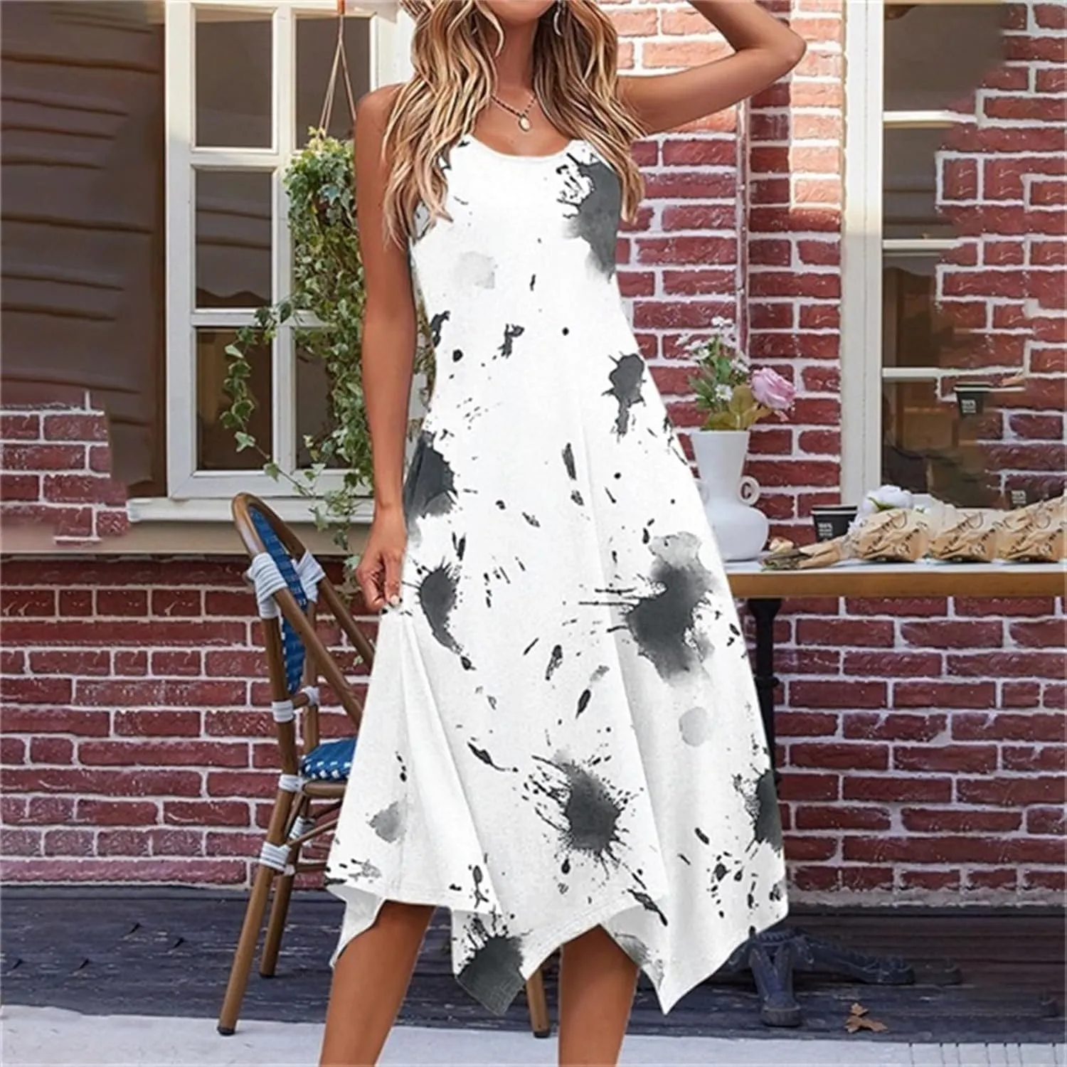 Dresses for Women 2025 Casual Summer Printed Sleeveless Crew Neck Flowy Sundersses Patchwork Beach Vacation Sundress