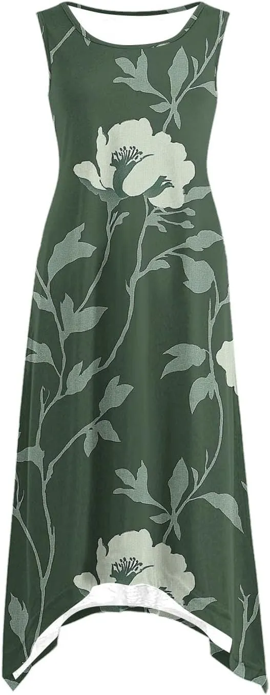 Dresses for Women 2025 Casual Summer Printed Sleeveless Crew Neck Flowy Sundersses Patchwork Beach Vacation Sundress