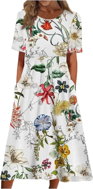 Dresses for Women 2025 Casual Summer Trendy Floral Dress Maxi Classy Sundresses Vacation Short Sleeve Sundress A Line