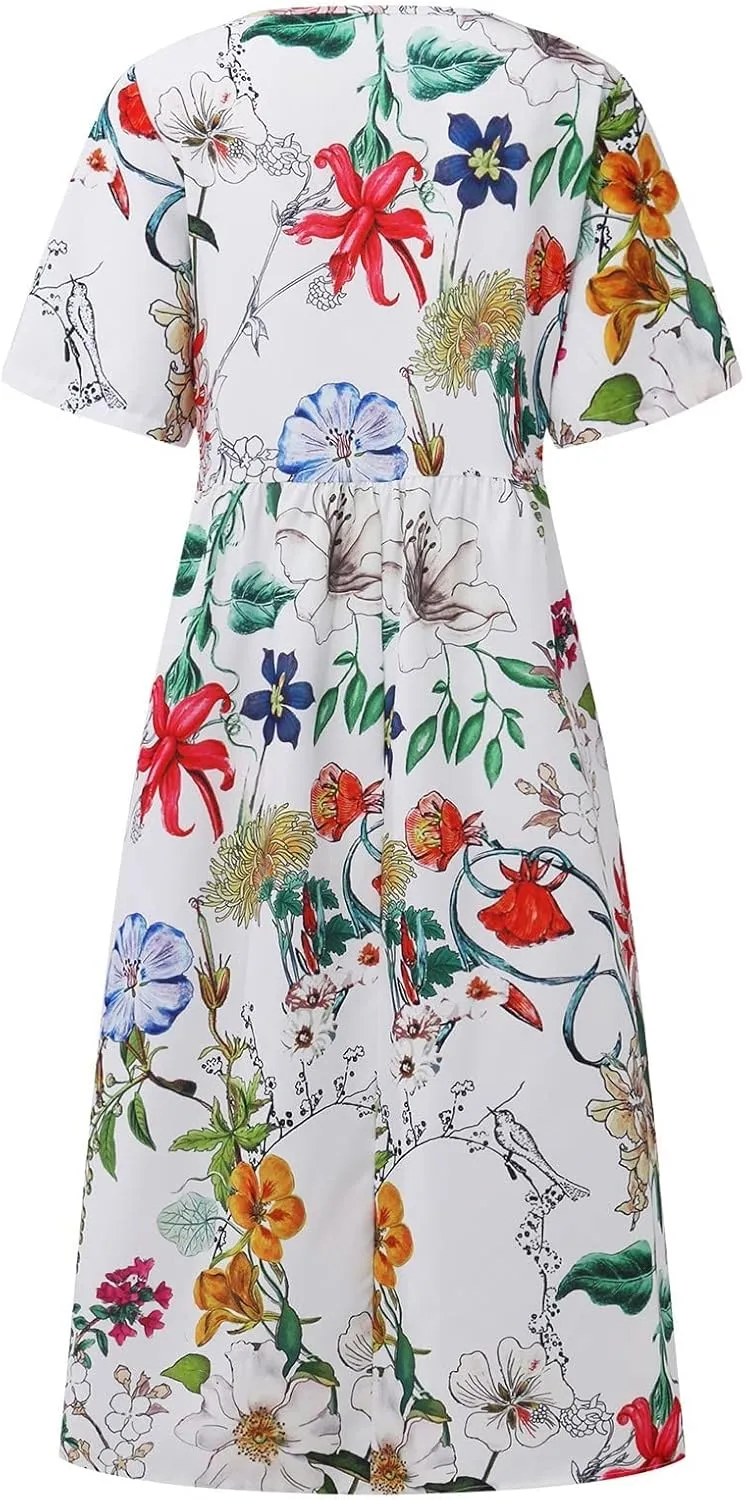 Dresses for Women 2025 Casual Summer Trendy Floral Dress Maxi Classy Sundresses Vacation Short Sleeve Sundress A Line