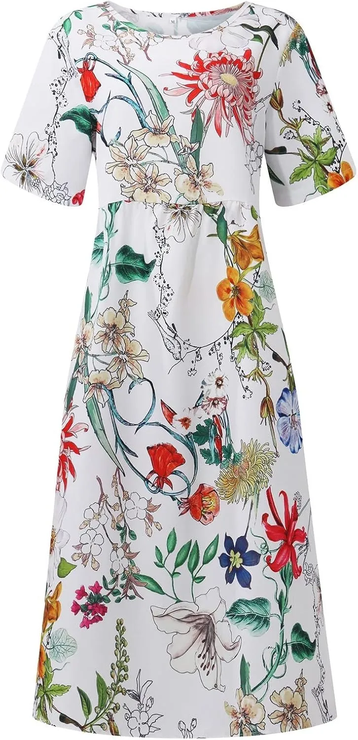 Dresses for Women 2025 Casual Summer Trendy Floral Dress Maxi Classy Sundresses Vacation Short Sleeve Sundress A Line